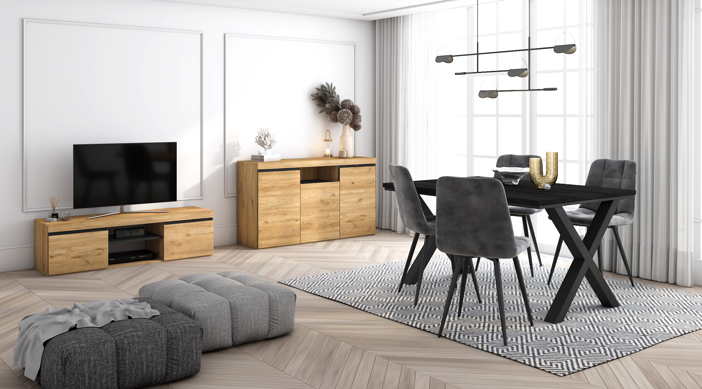 Conjunto Mesa 140 Negro patas X  Mueble TV 140  Aparador