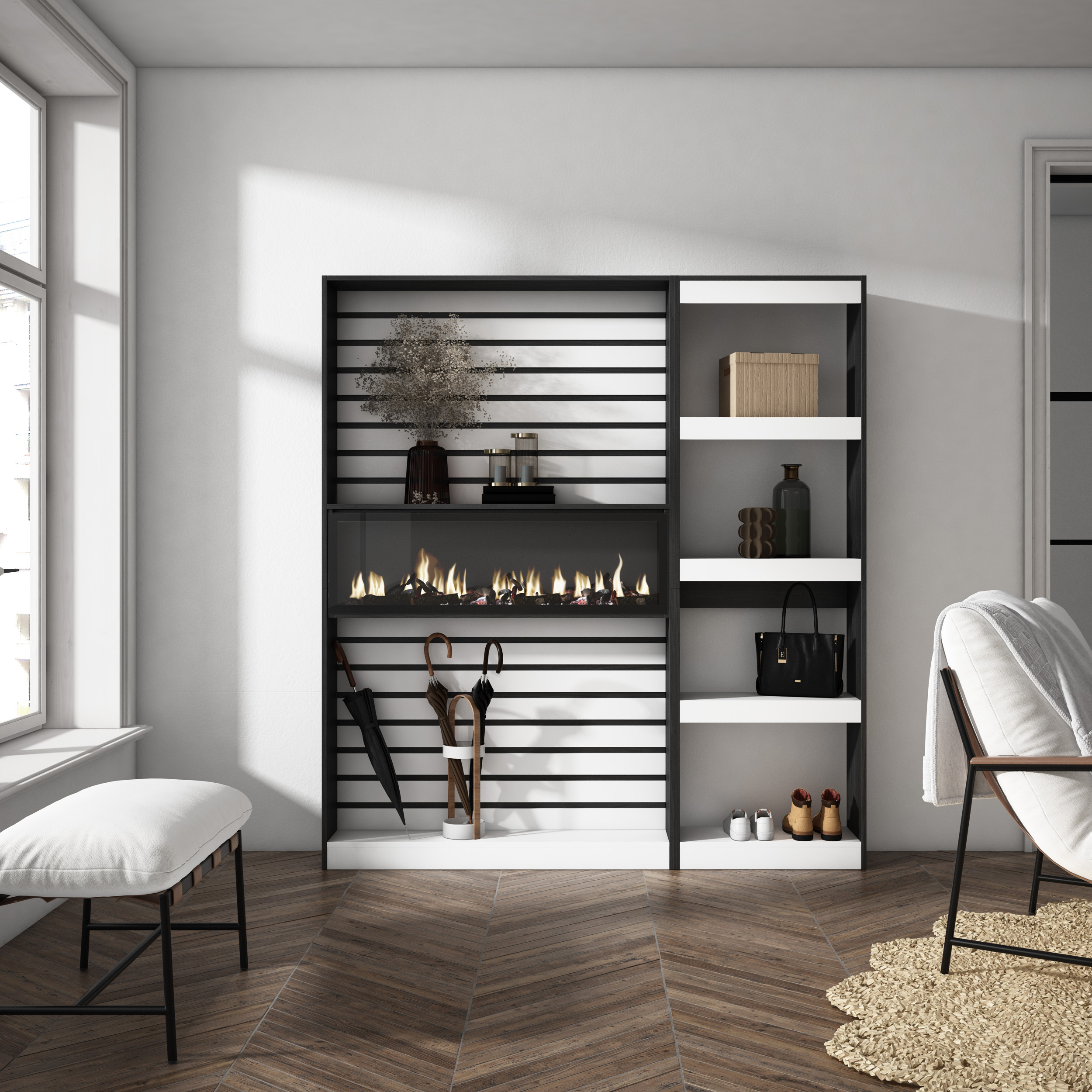 Librería estantería, Blanco y negro, Chimenea eléctrica, 170x186x25cm