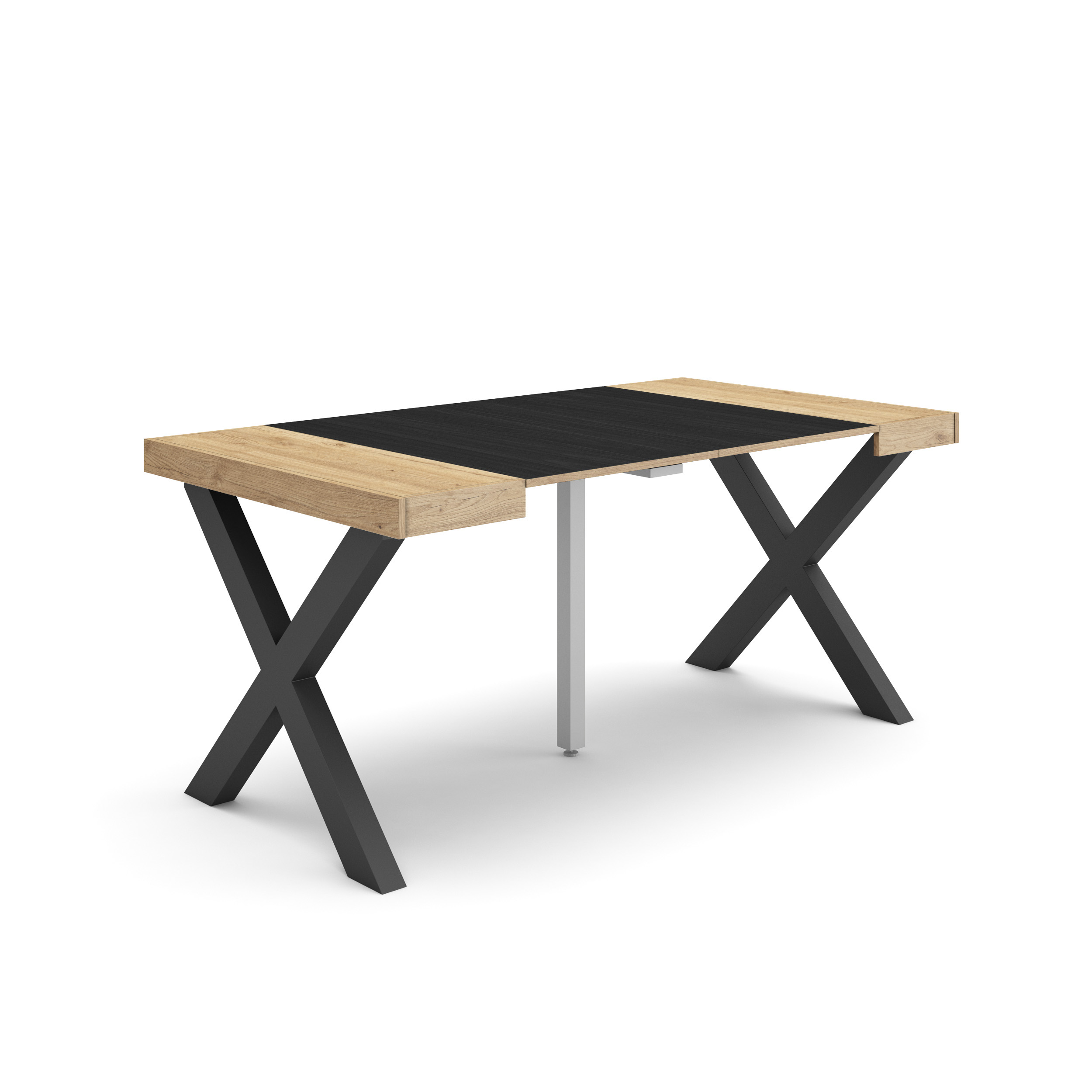 Mesa Consola extensible 160cm, Roble y negro, Patas madera maciza