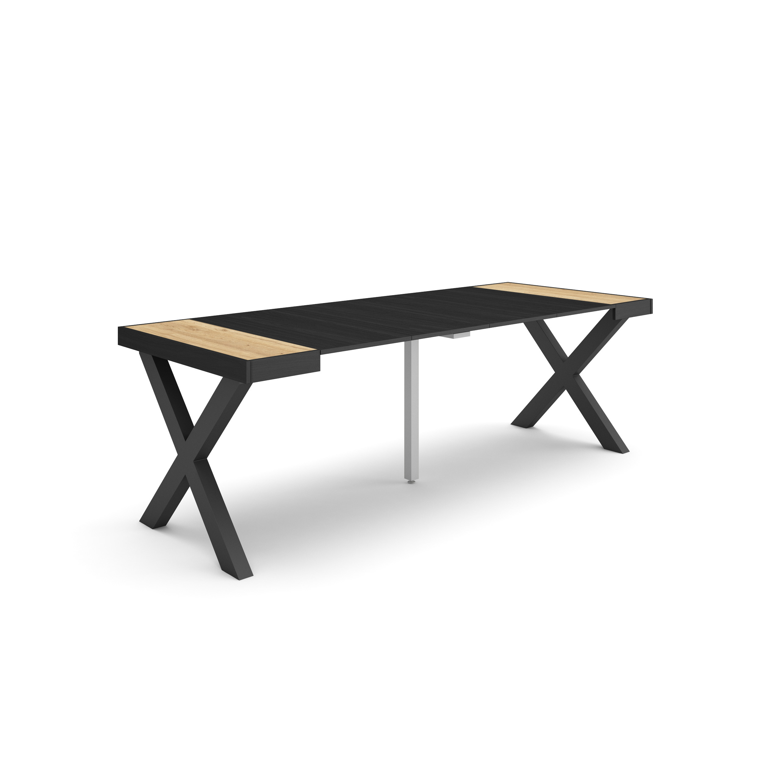 Mesa Consola extensible 222cm, Roble y negro, Patas madera maciza