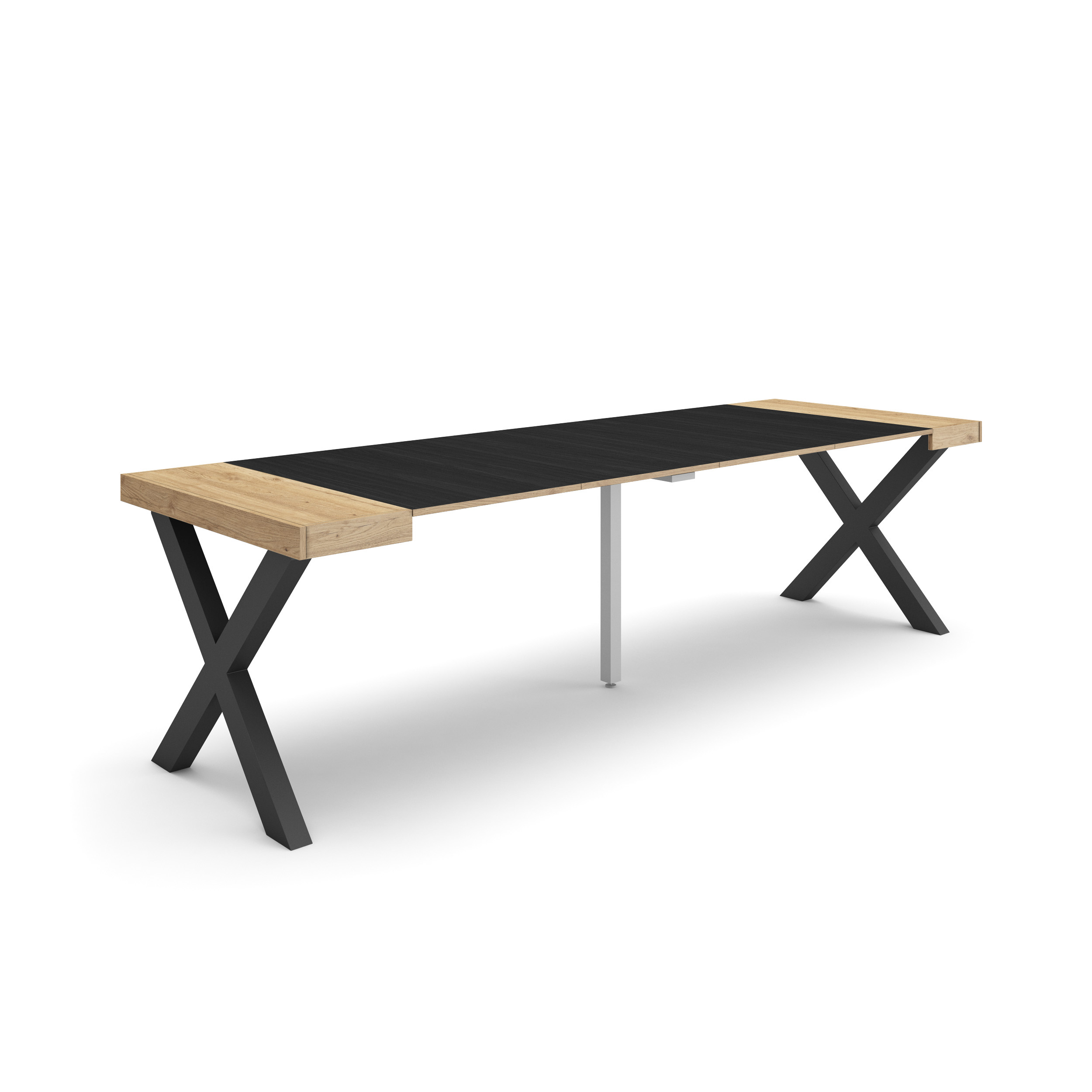 Mesa Consola extensible 262cm Roble y negro, Patas madera maciza