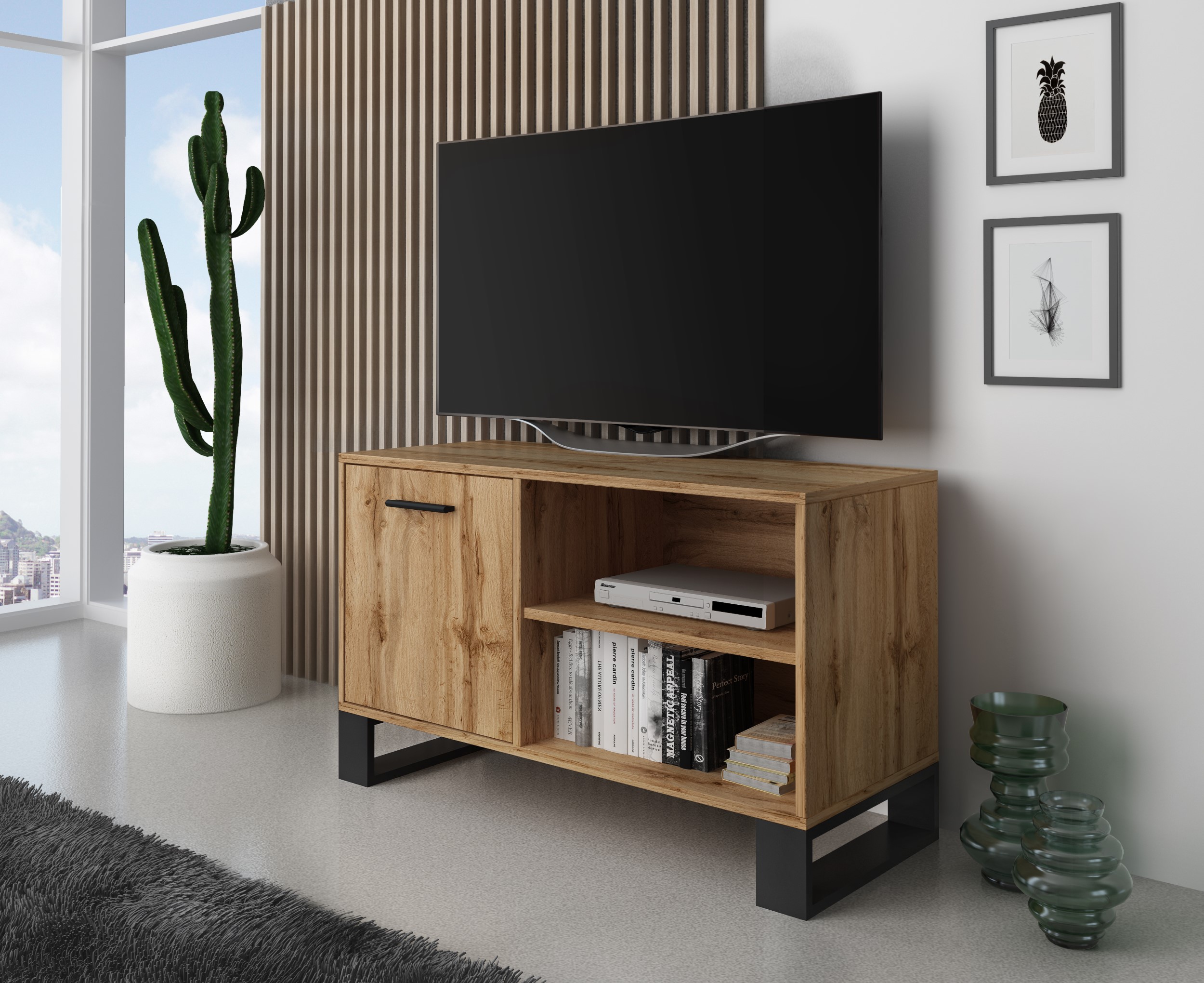 Mueble TV 100 con puerta izquierda, salón comedor, Modelo LOFT, color  estructura y de la puerta en Roble Rústico