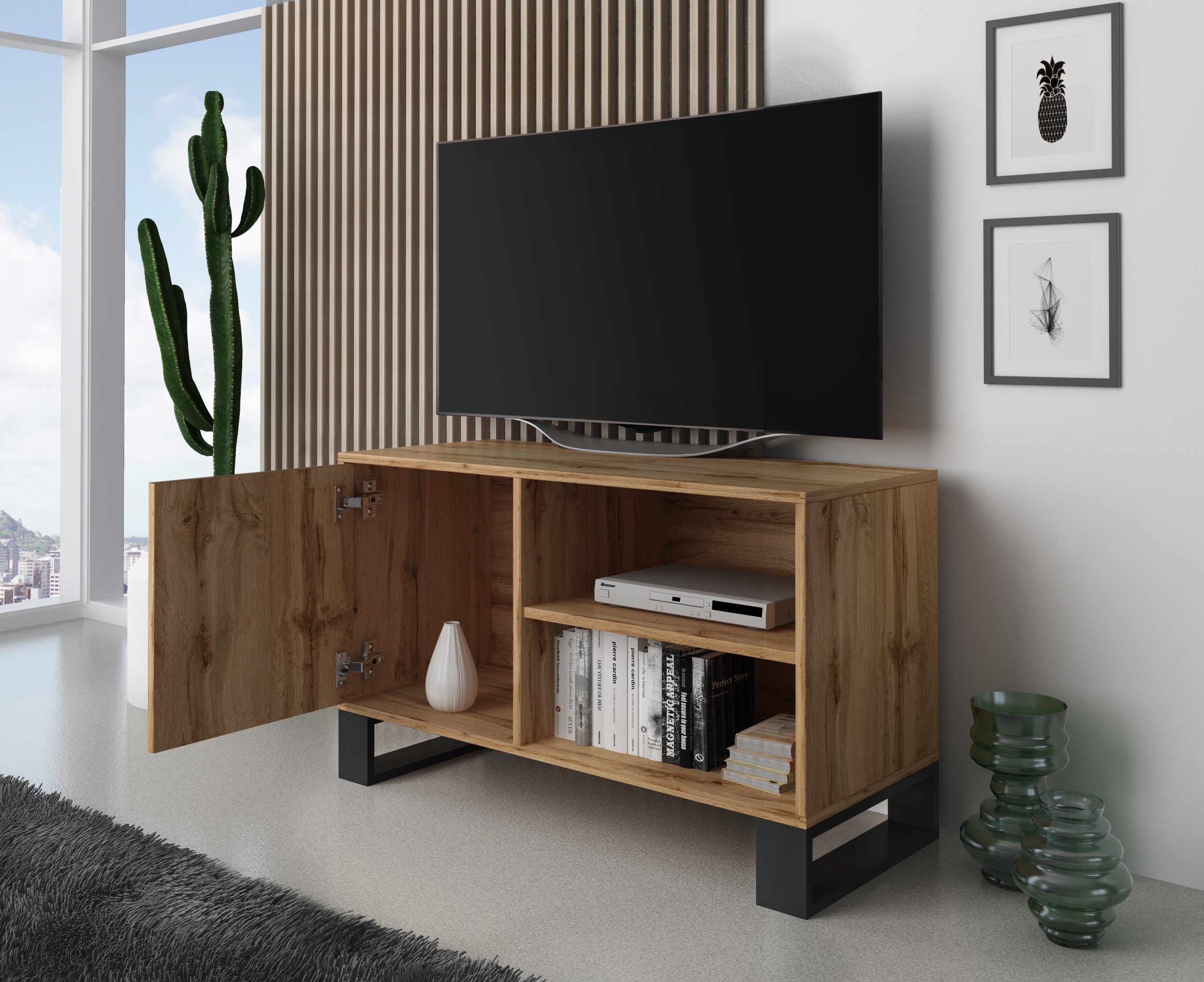 Mueble TV 100 con puerta izquierda, salón comedor, Modelo LOFT, color  estructura y de la puerta en Roble Rústico