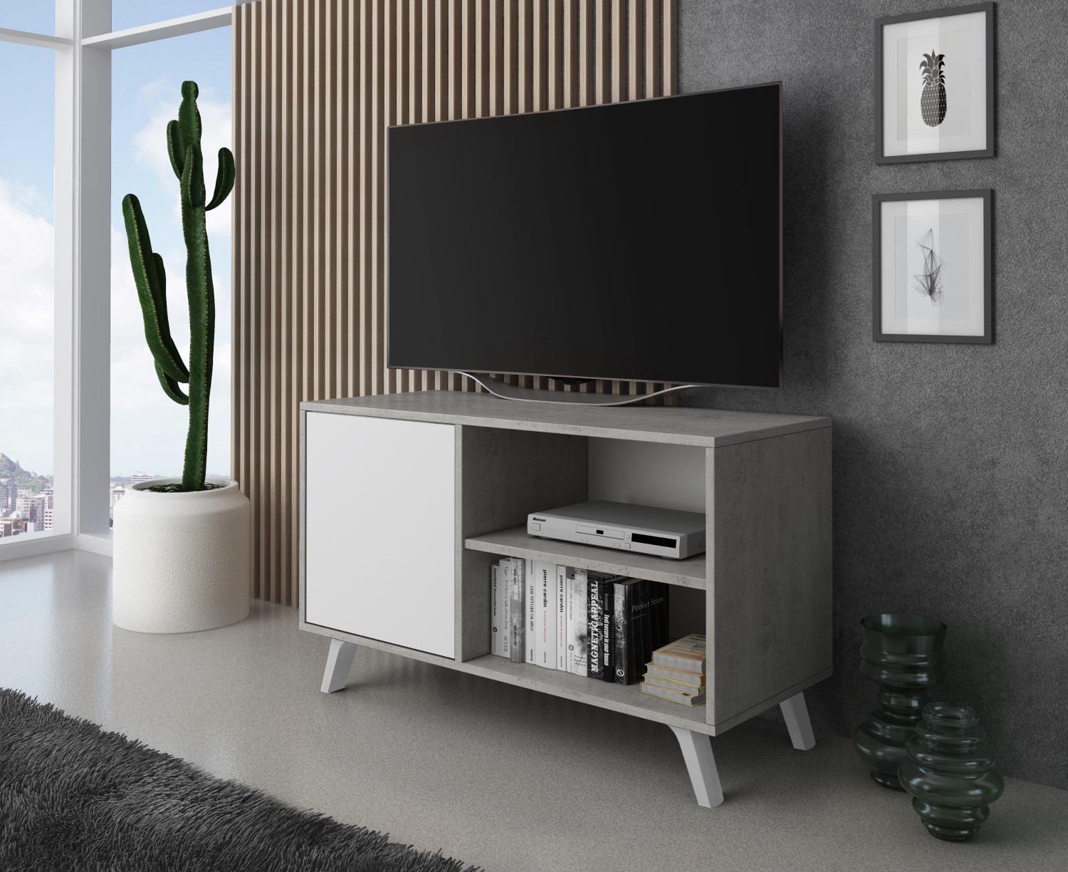Mueble TV 100 con puerta izquierda, salón comedor, Modelo WIND, color  estructura CEMENTO, color puerta Blanco Mate, medidas 95x40x57cm de altura.