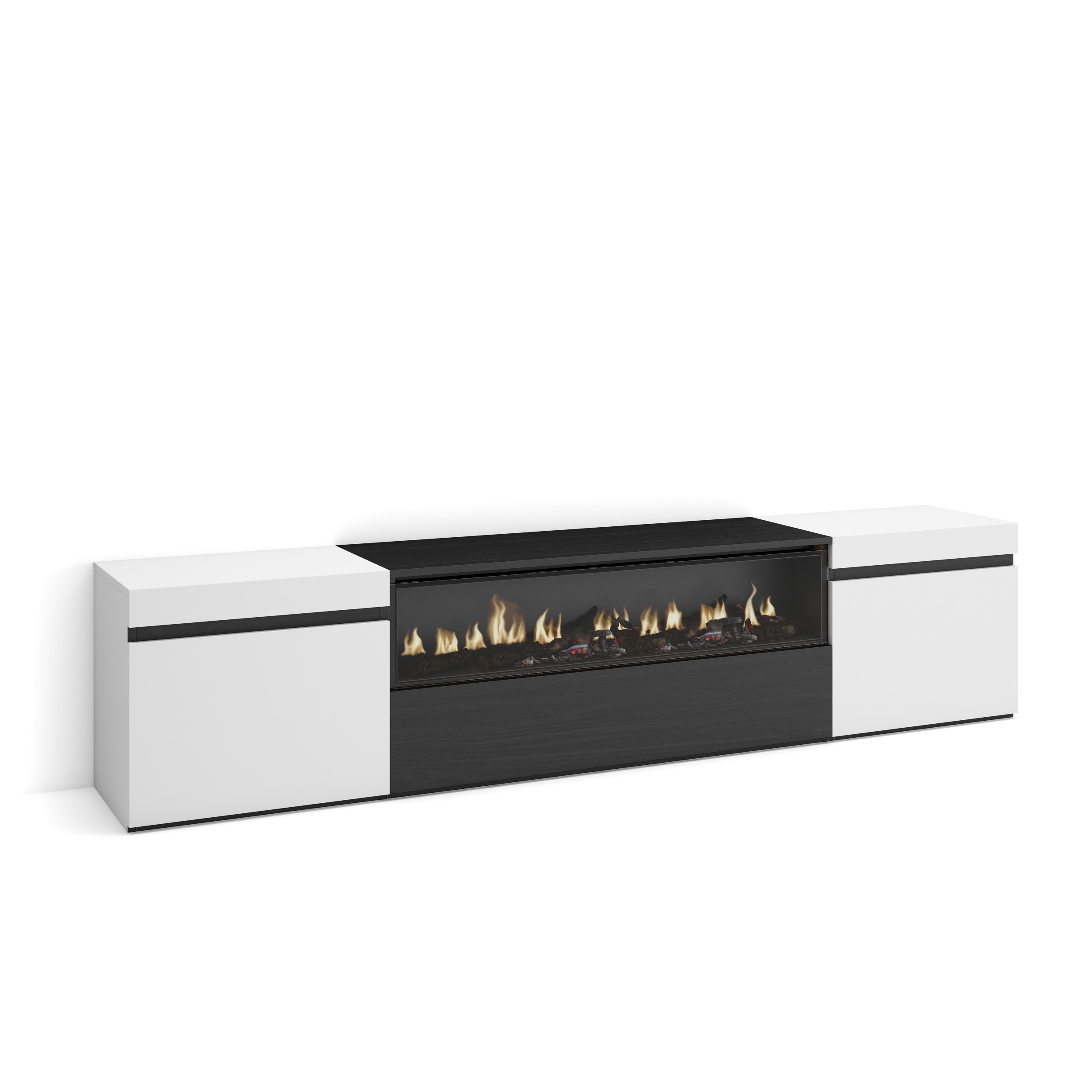 Mueble TV, 200x45x35, Blanco y negro , Chimenea eléctrica LED