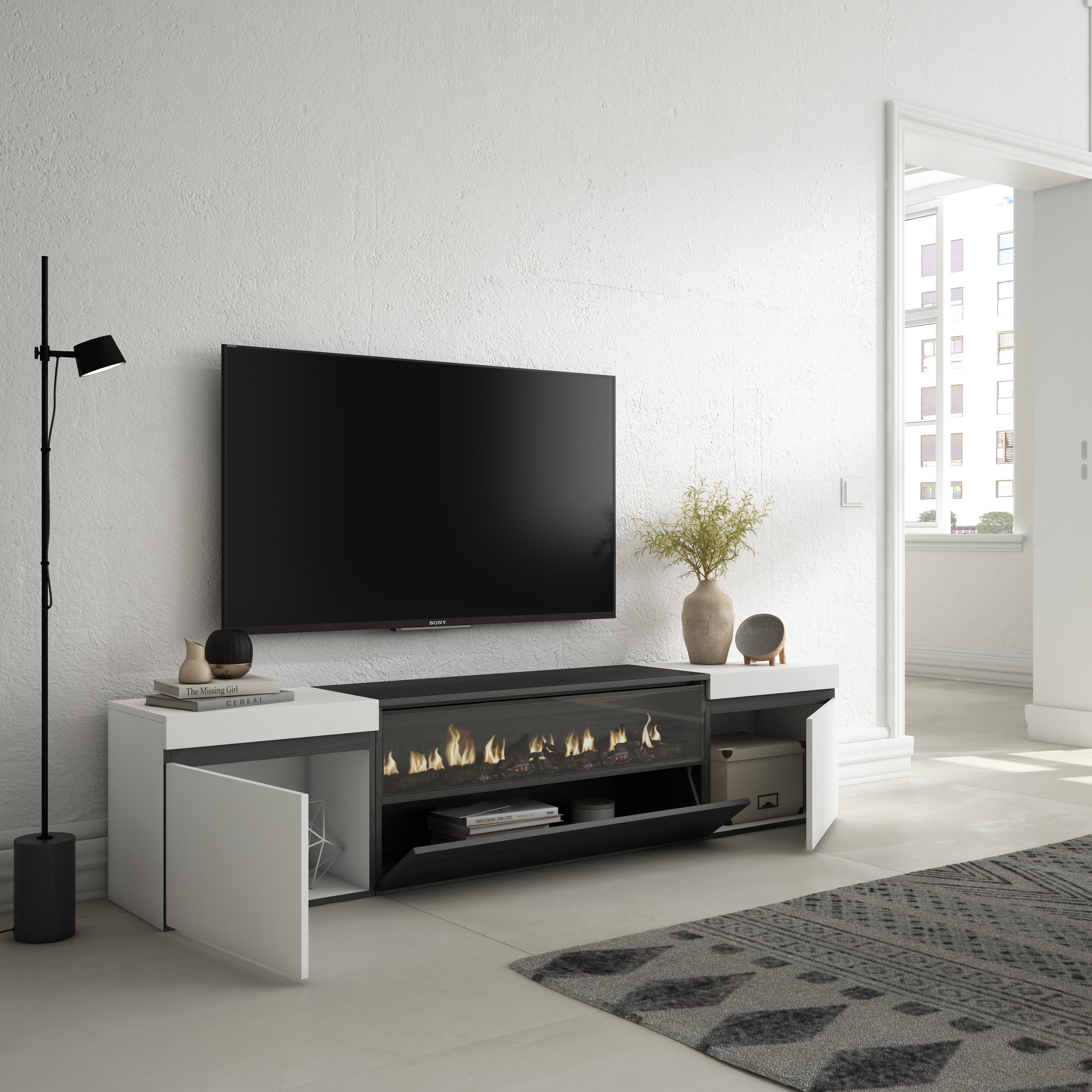 Mueble TV, Televisión, Blanco y negro , Chimenea eléctrica LED
