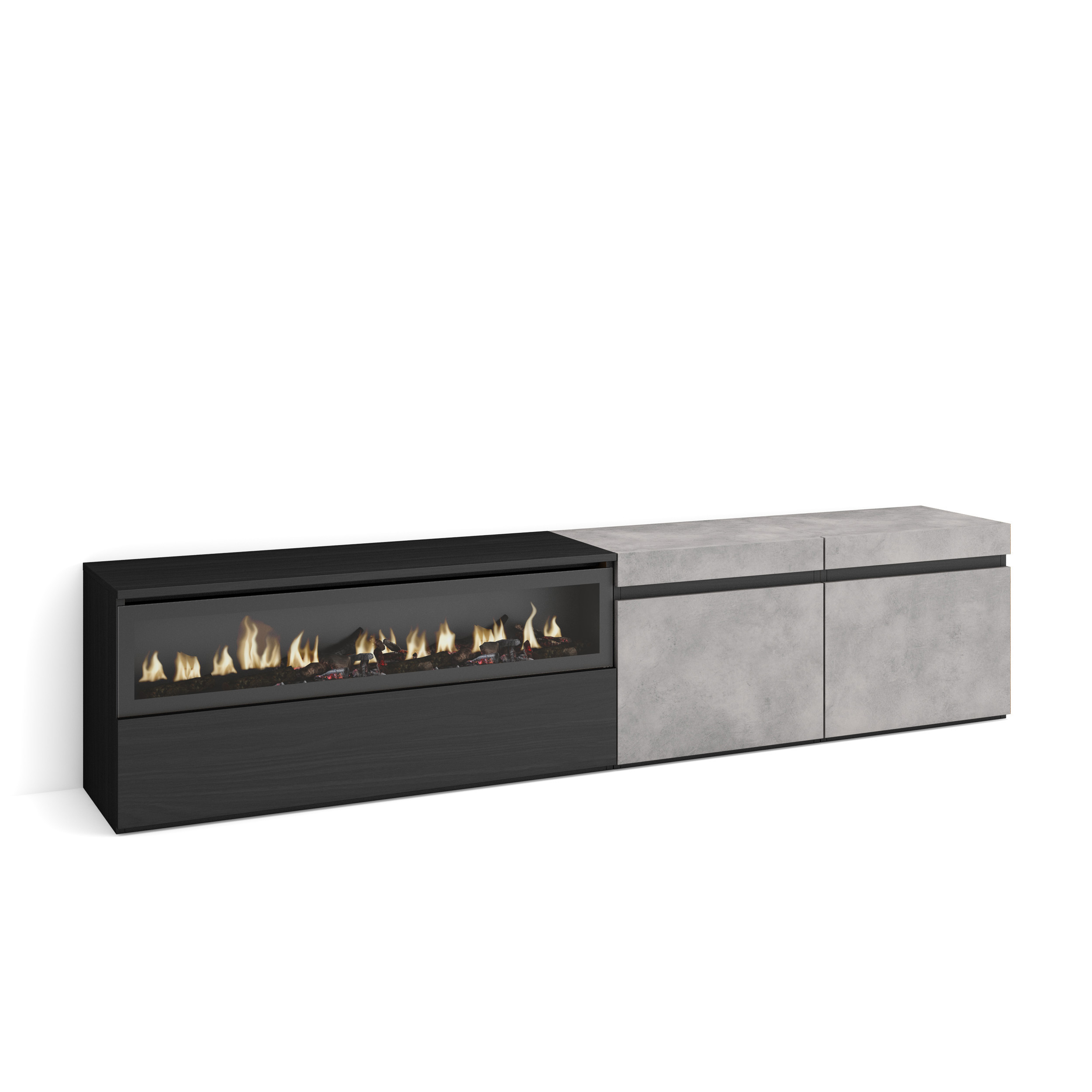 Mueble TV, 200x35x45, Cemento y Negro, Chimenea eléctrica