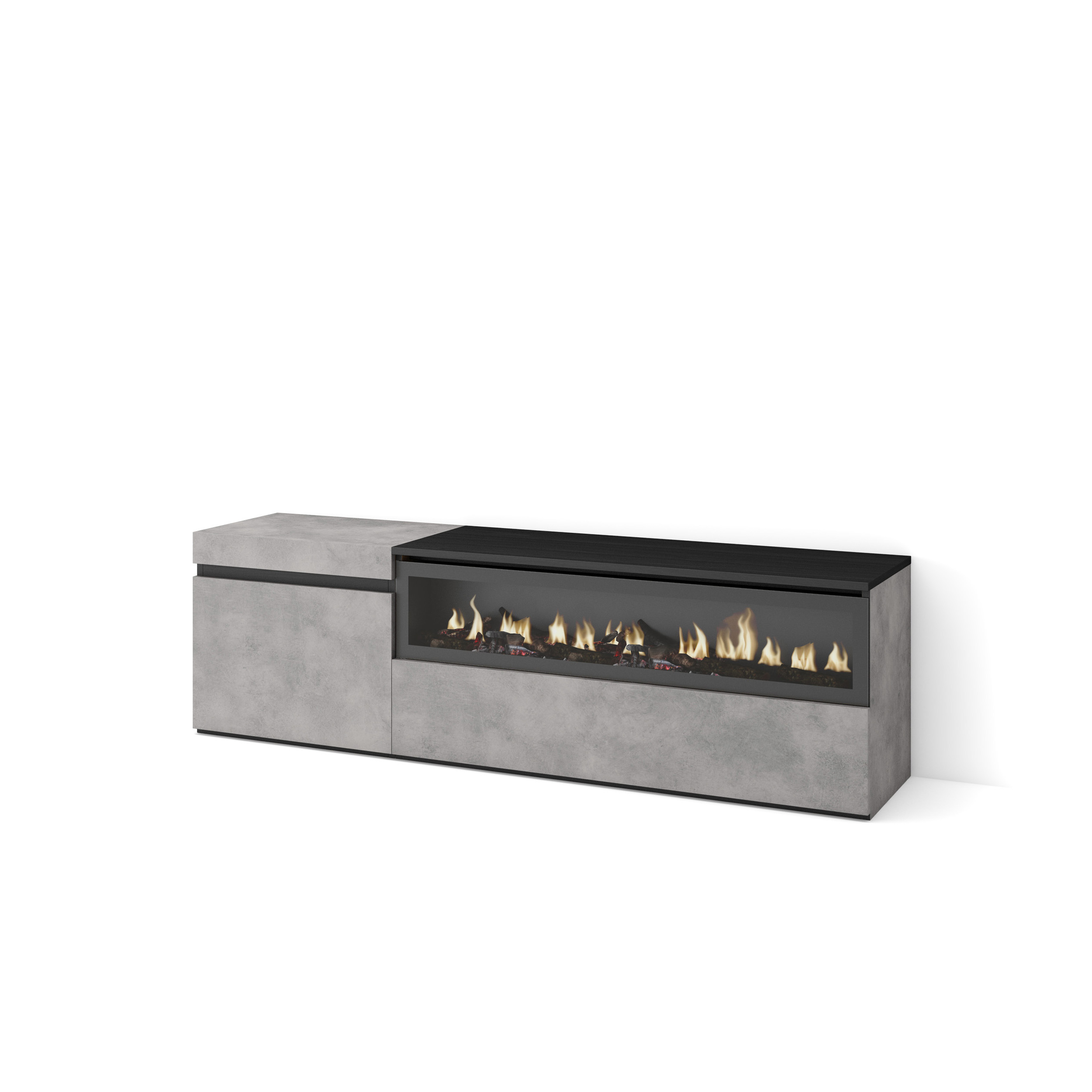 Mueble TV, 150x35x45, Cemento, Chimenea eléctrica