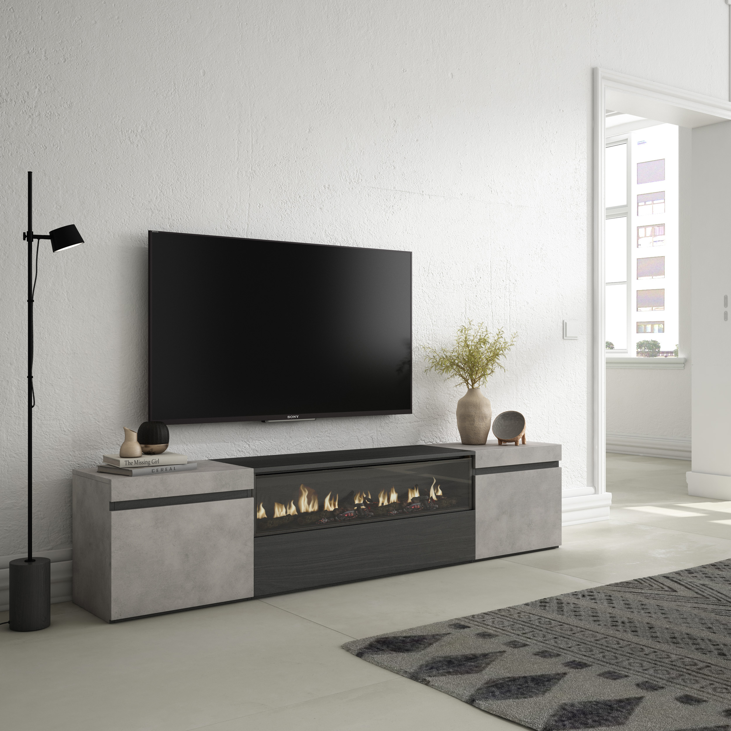 Mueble TV, Televisión, Cemento, Chimenea eléctrica LED