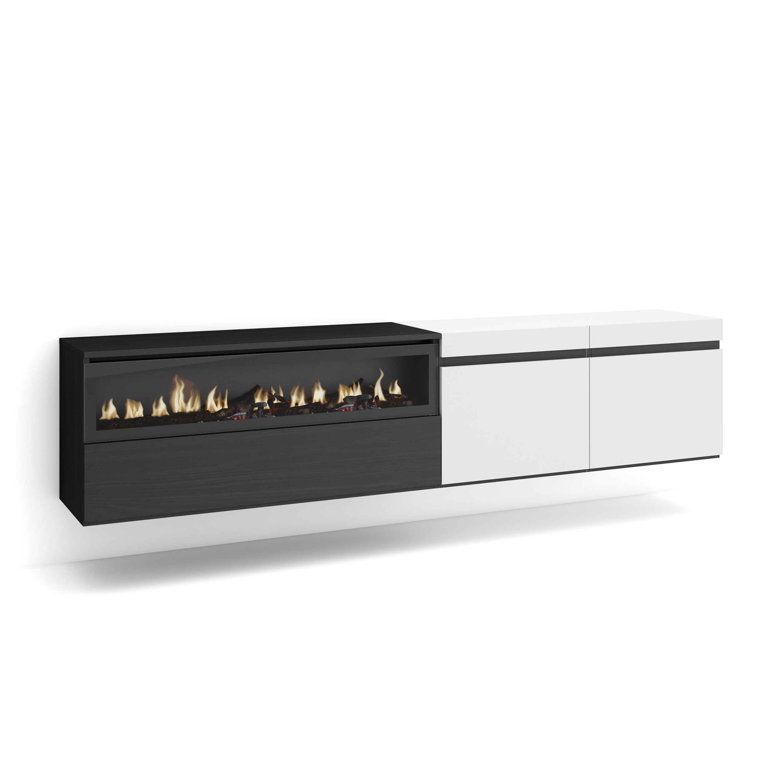 Mueble TV, 200x35x45, Blanco y Negro, Chimenea eléctrica, Colgado, Suspendido