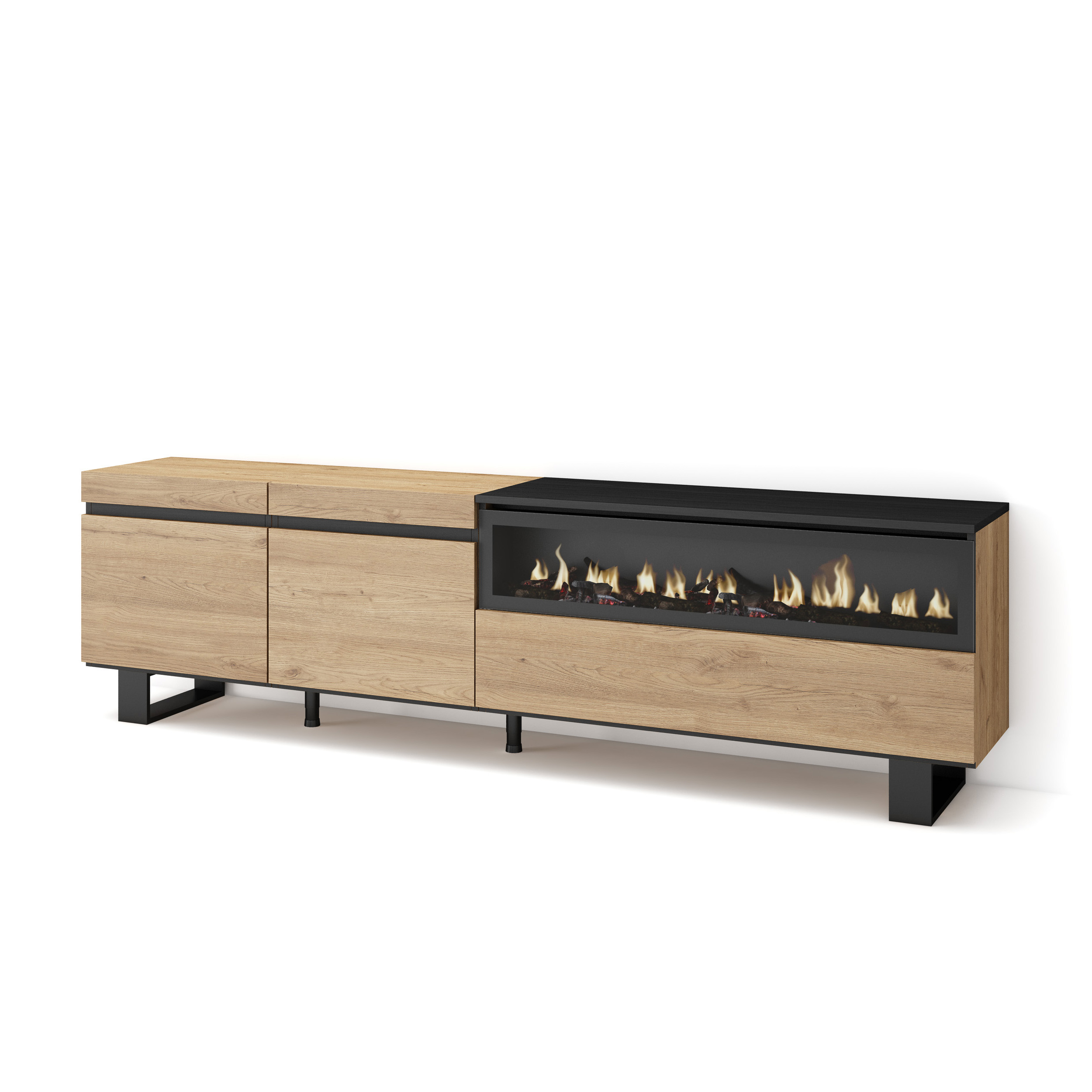Mueble TV, 200x35x57, Roble, Chimenea eléctrica, Diseño industrial