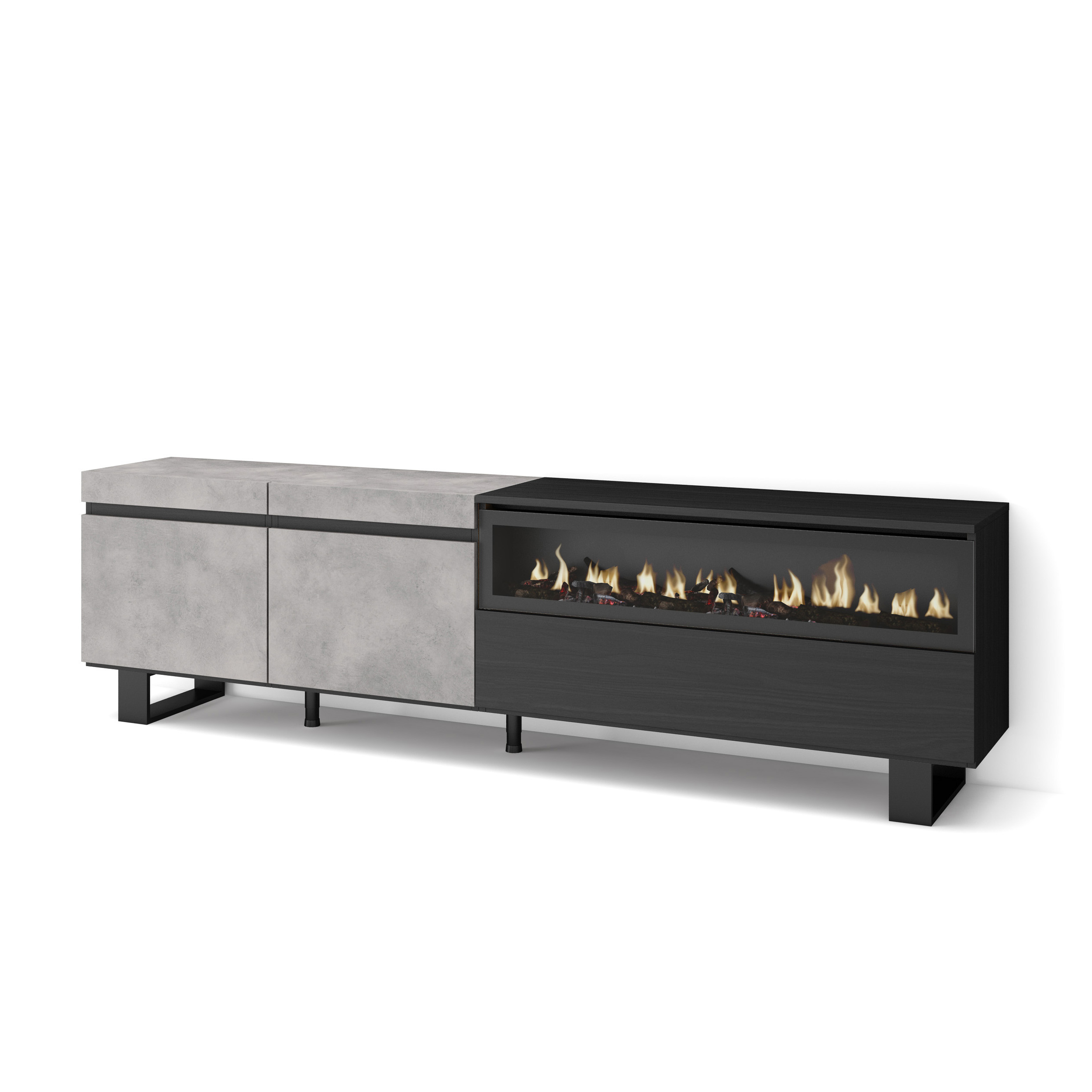 Mueble TV, 200x35x57, Cemento y Negro, Chimenea eléctrica, Diseño industrial