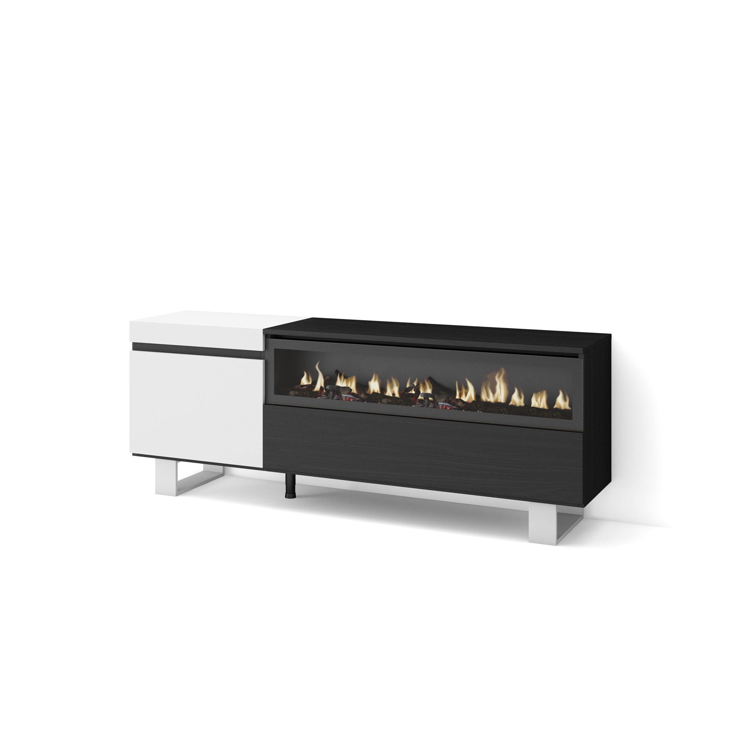 Mueble TV, 150x35x57, Blanco y Negro, Chimenea eléctrica, Diseño industrial