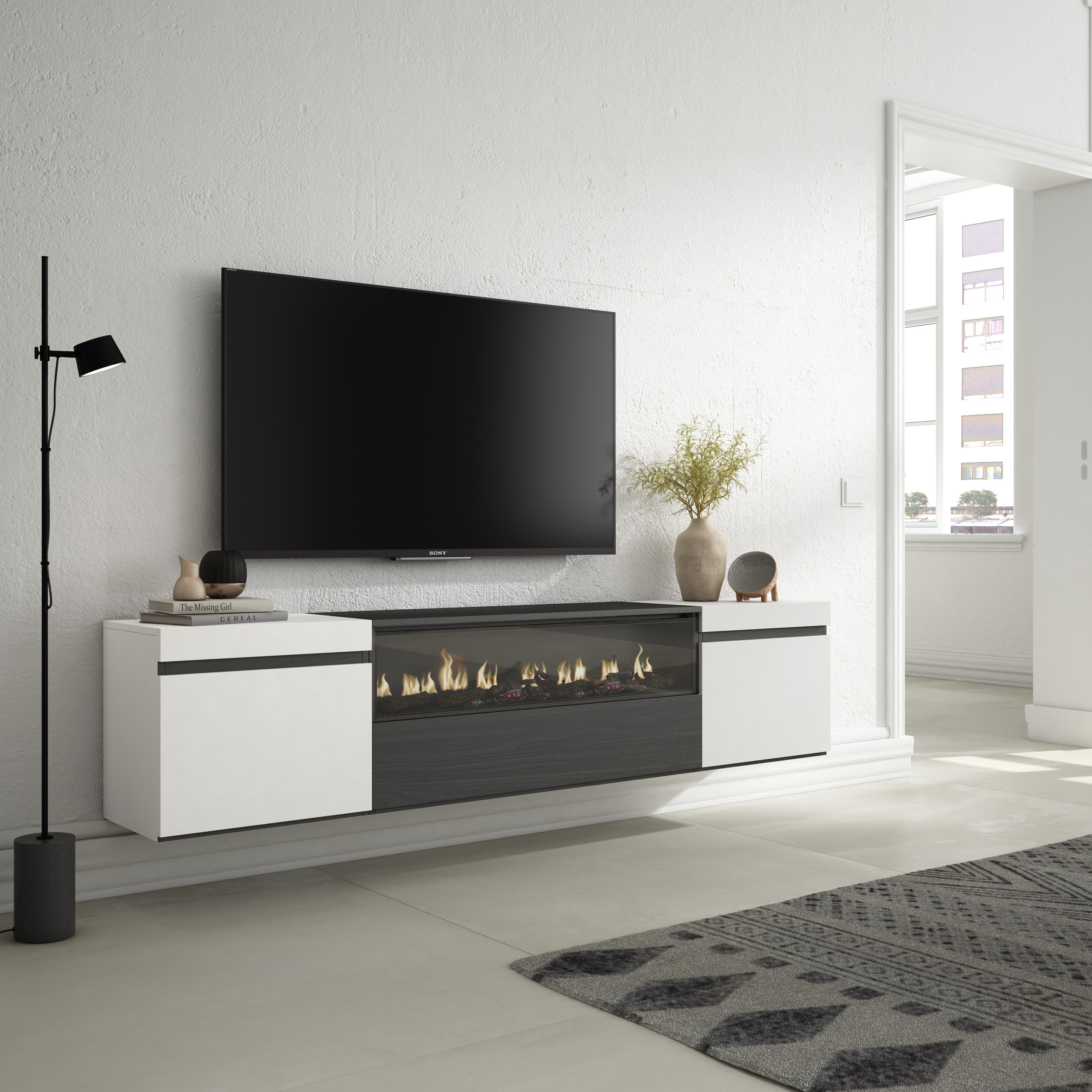 Mueble de salón con TV y chimenea