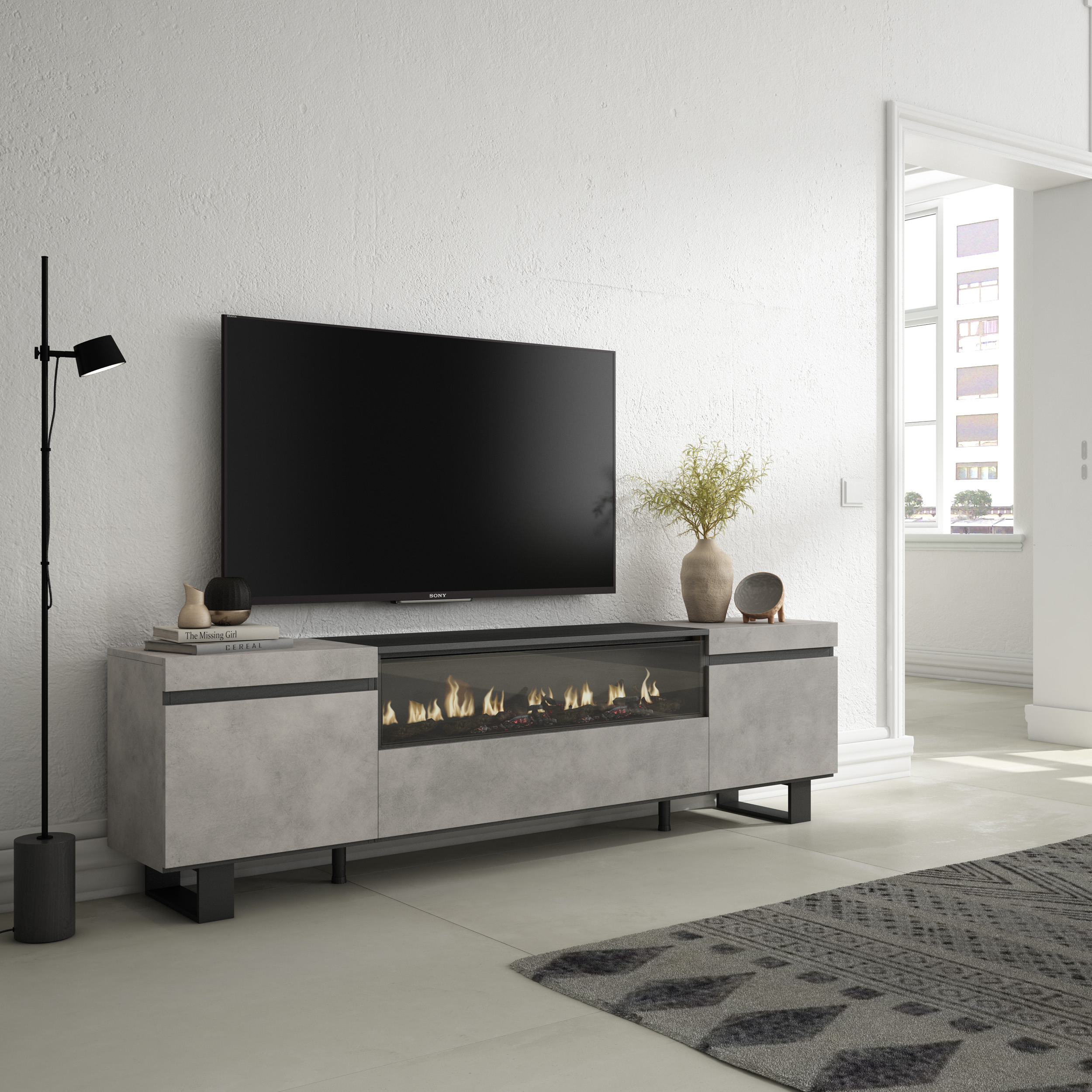 Mueble TV, Televisión, Chimenea eléctrica LED, Tall, Industrial