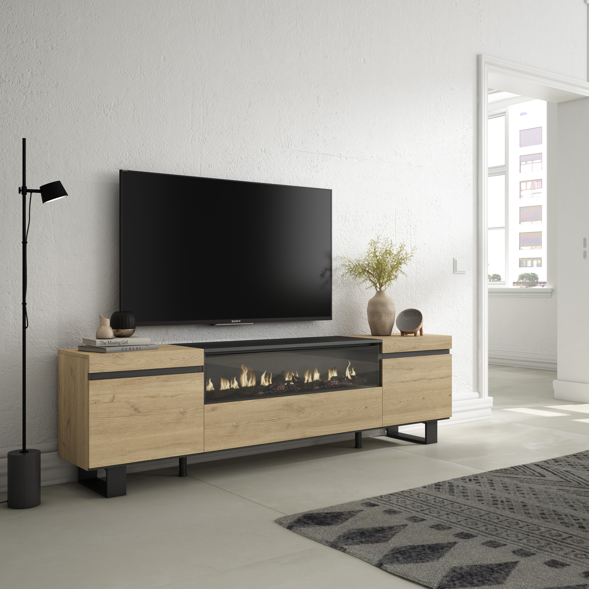 Mueble TV  Televisión, Chimenea eléctrica LED, Tall, Industrial