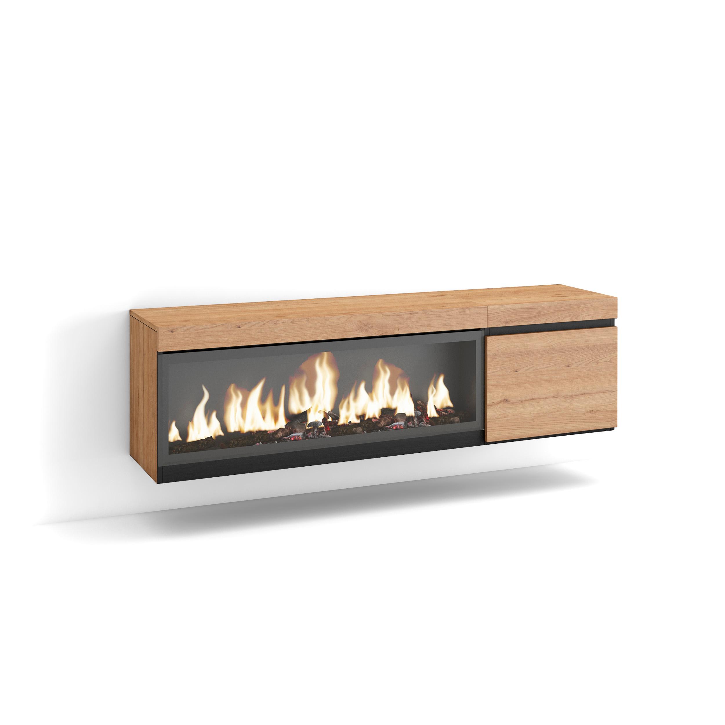 Mueble TV, 158x35x45, Roble, Chimenea eléctrica XXL, Colgado, Suspendido
