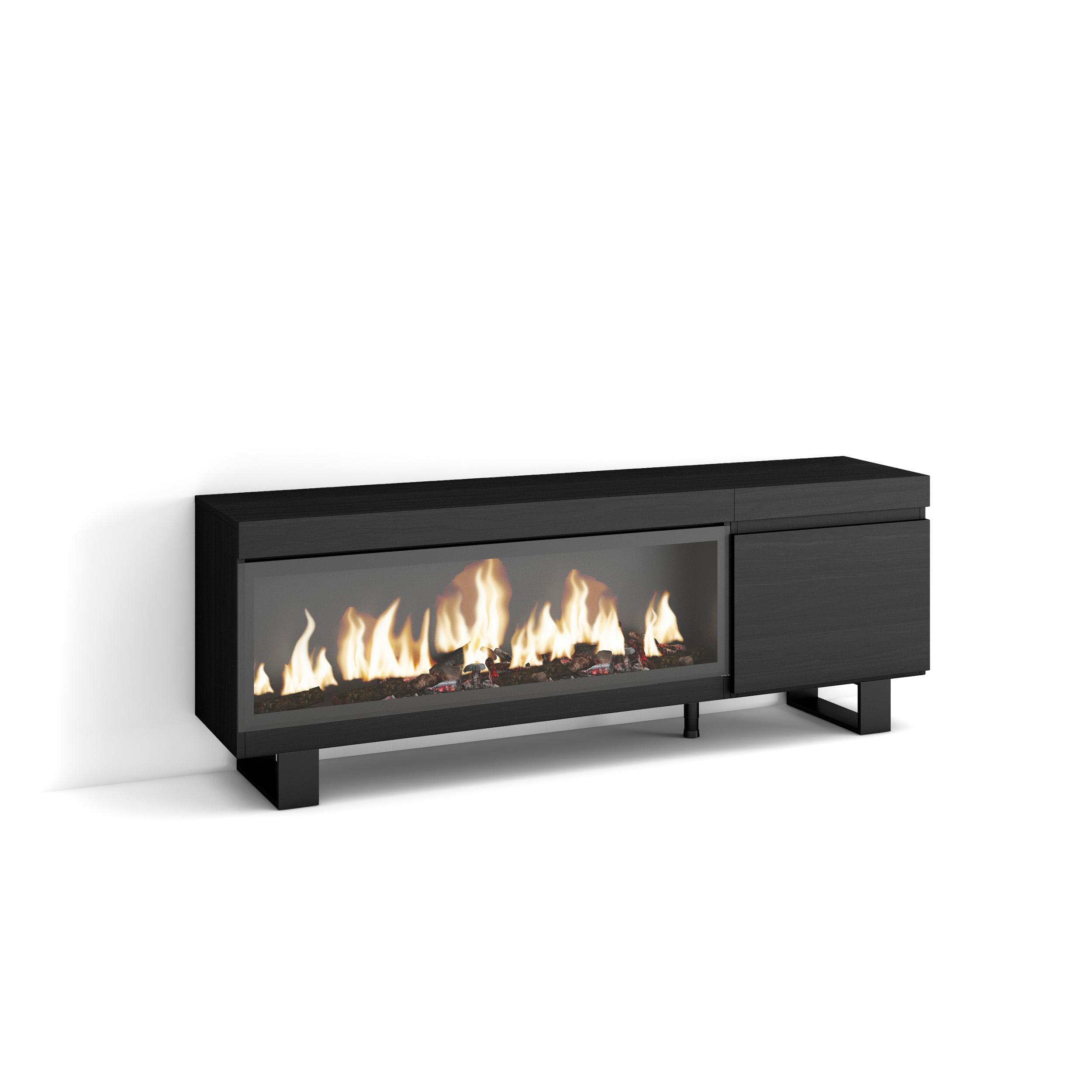 Mueble TV, 158x35x57, Negro, Chimenea eléctrica XXL, Diseño industrial