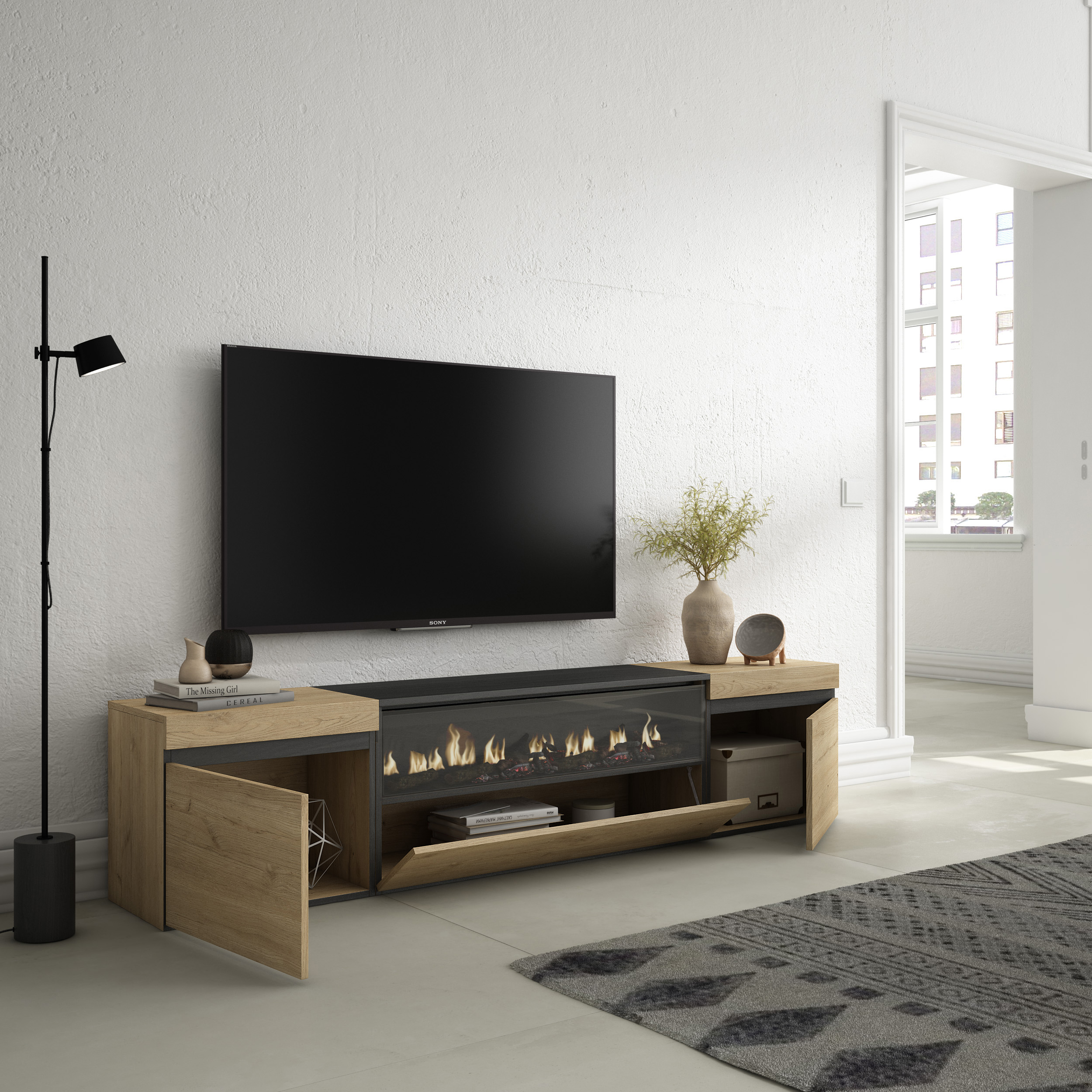 Muebles de Salón para TV 260x186x35cm Para TV hasta 65 Chimenea eléctrica  Roble y negro
