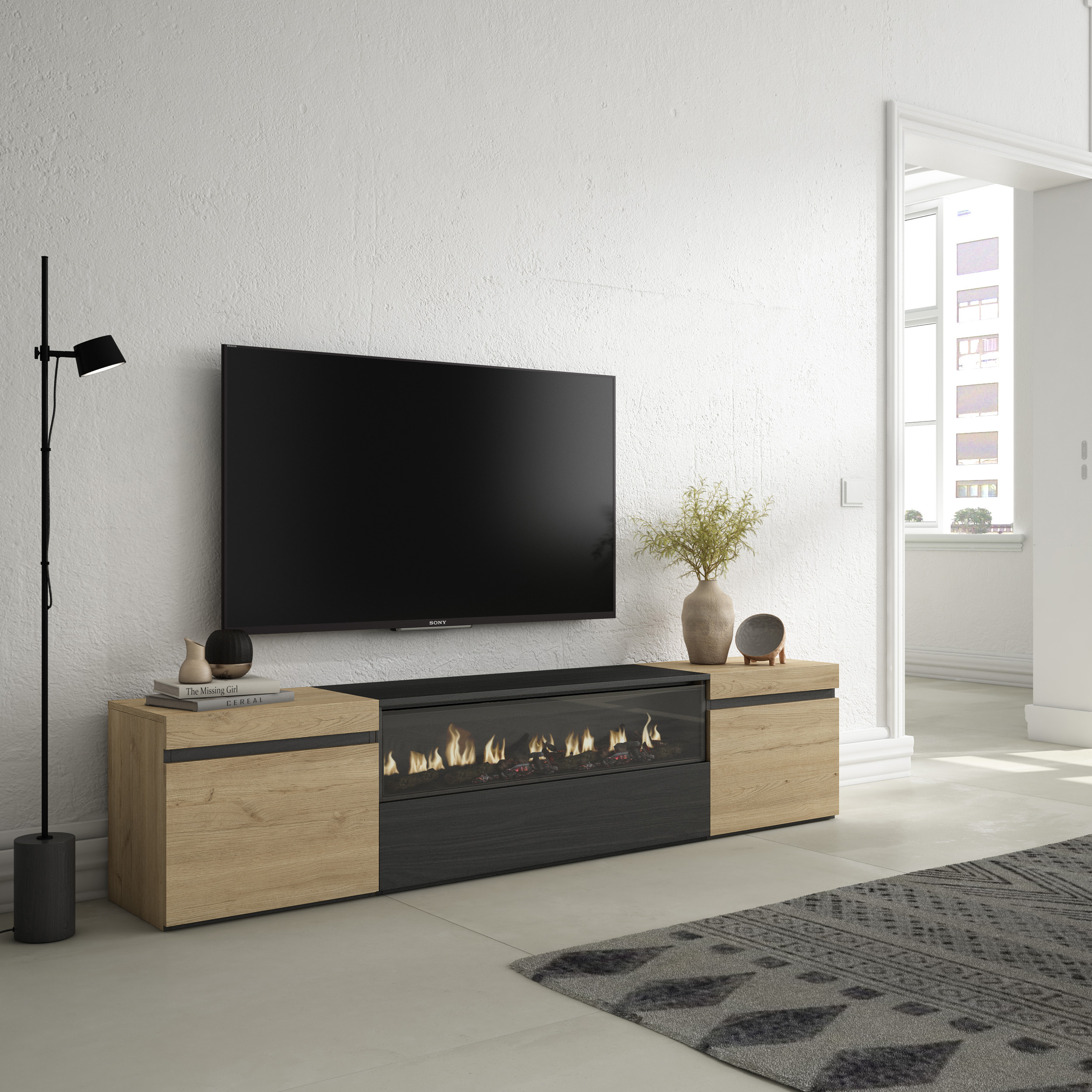 Mueble TV, Televisión, Roble y negro, Chimenea eléctrica LED