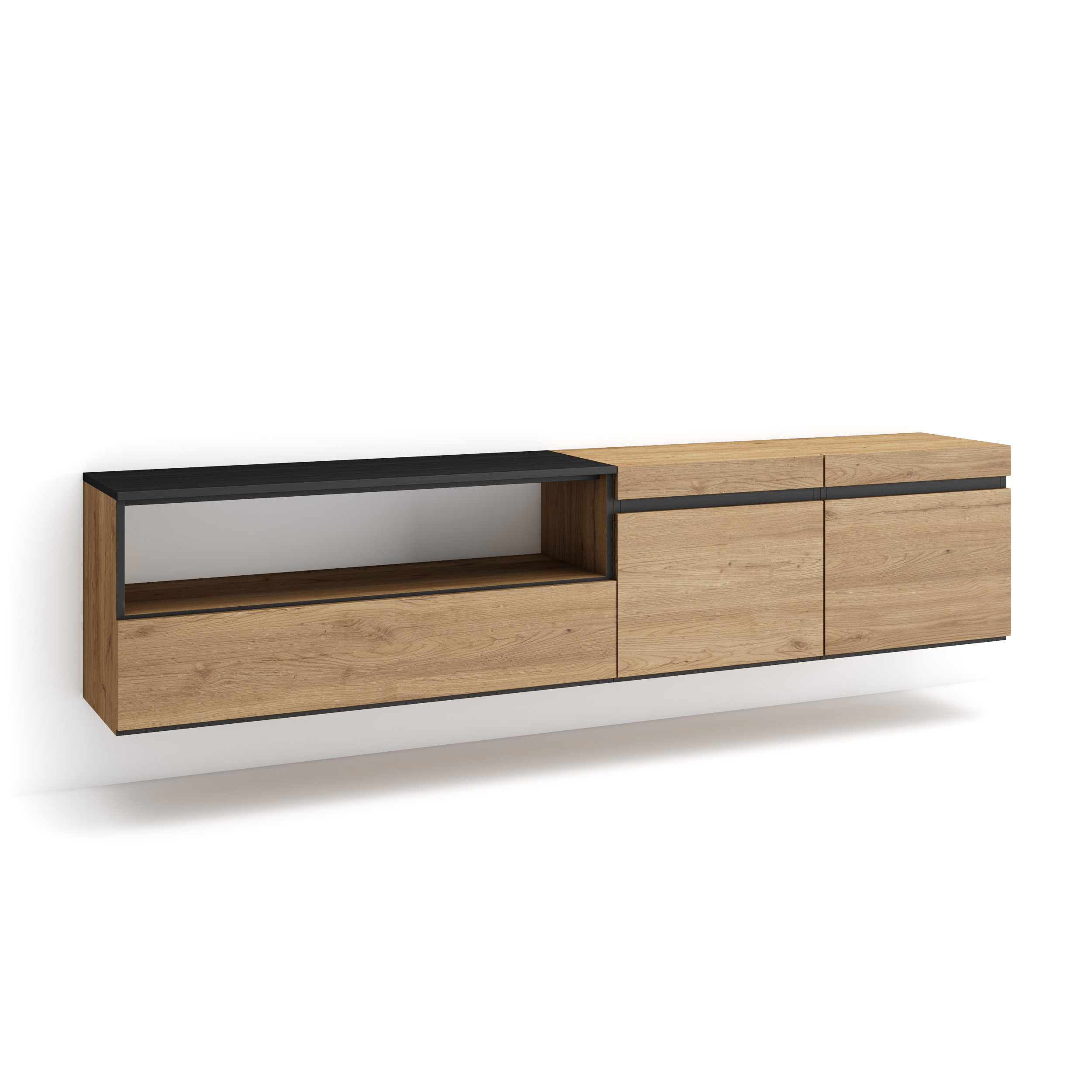 Mueble TV, 200x35x45, Roble, Colgado, Suspendido