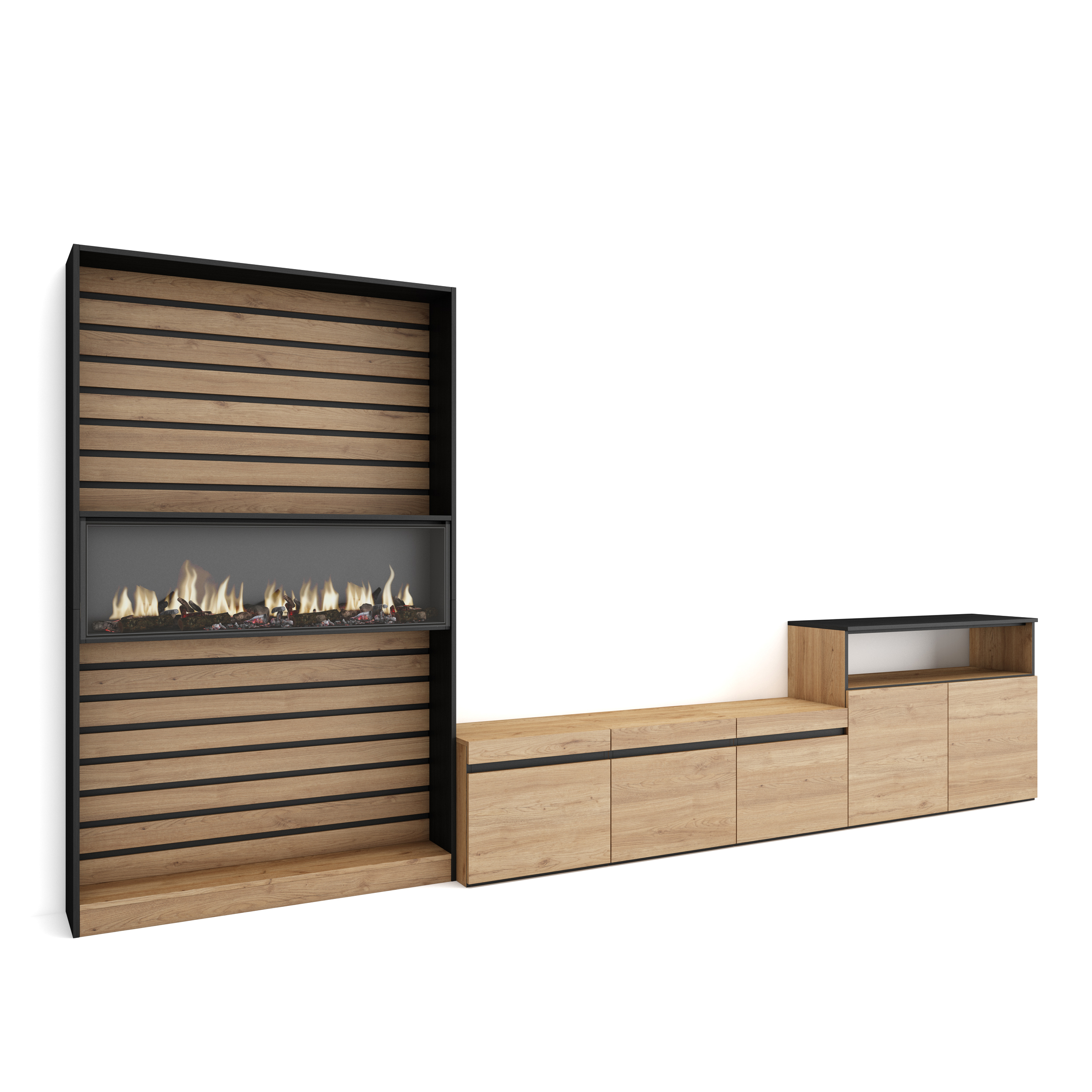 Muebles de Salón para TV, Roble y negro, Chimenea eléctrica