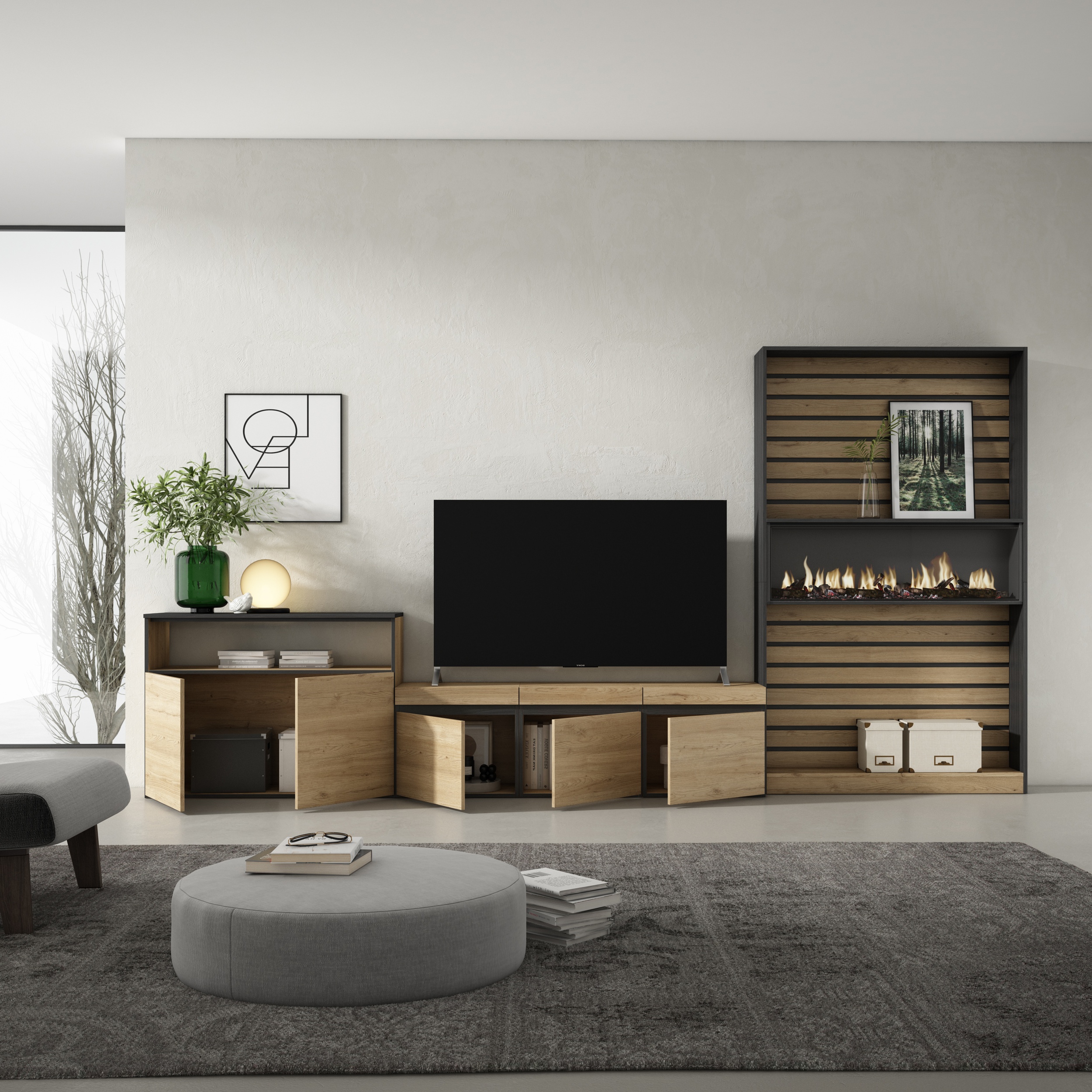 Muebles de Salón para TV 260x186x35cm Para TV hasta 65 Chimenea eléctrica  Roble y negro