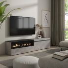 Mueble TV, 200x35x45, Cemento, Chimenea eléctrica