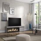 Mueble TV, 158x35x45, Cemento, Chimenea eléctrica XXL