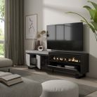 Mueble TV, 200x35x57, Cemento y Negro, Chimenea eléctrica, Diseño industrial