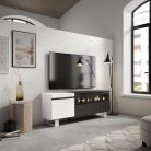 Mueble TV, 150x35x57, Blanco y Negro, Chimenea eléctrica, Diseño industrial