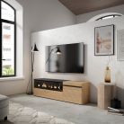 Mueble TV, 153x35x45, Roble Rayado, Chimenea eléctrica