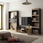 Muebles de Salón para TV, Roble y negro, Chimenea eléctrica