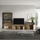 Muebles de Salón para TV, Roble y negro, Chimenea eléctrica