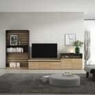Muebles de Salón para TV, Roble y negro, Chimenea eléctrica